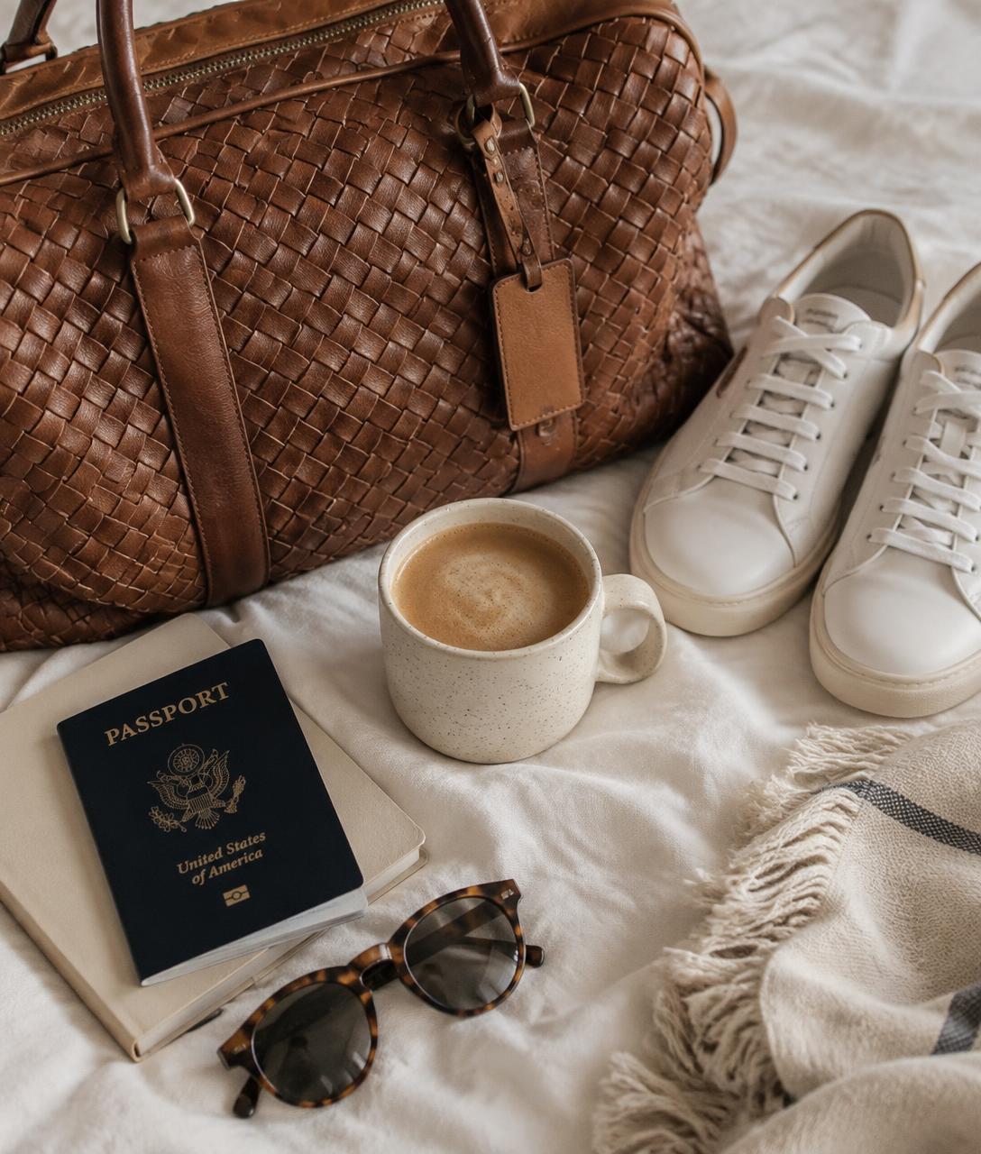 Woven leather travel bag, white sneakers, coffee cup and passport on cream linen